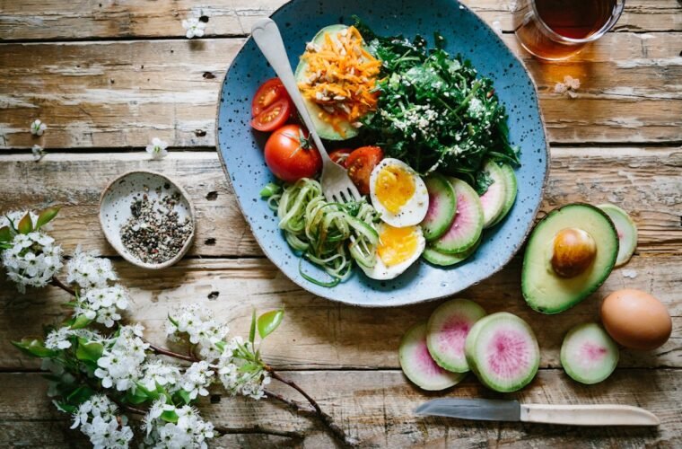 Colourful whole food meal photographed from above